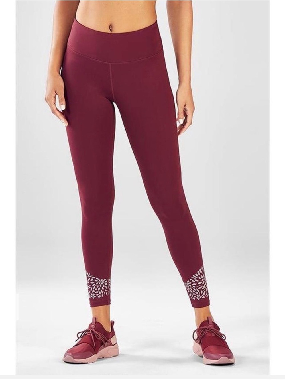 Fabletics High-Waisted Burgundy 7/8 Leggings Reflective Floral Hem XL